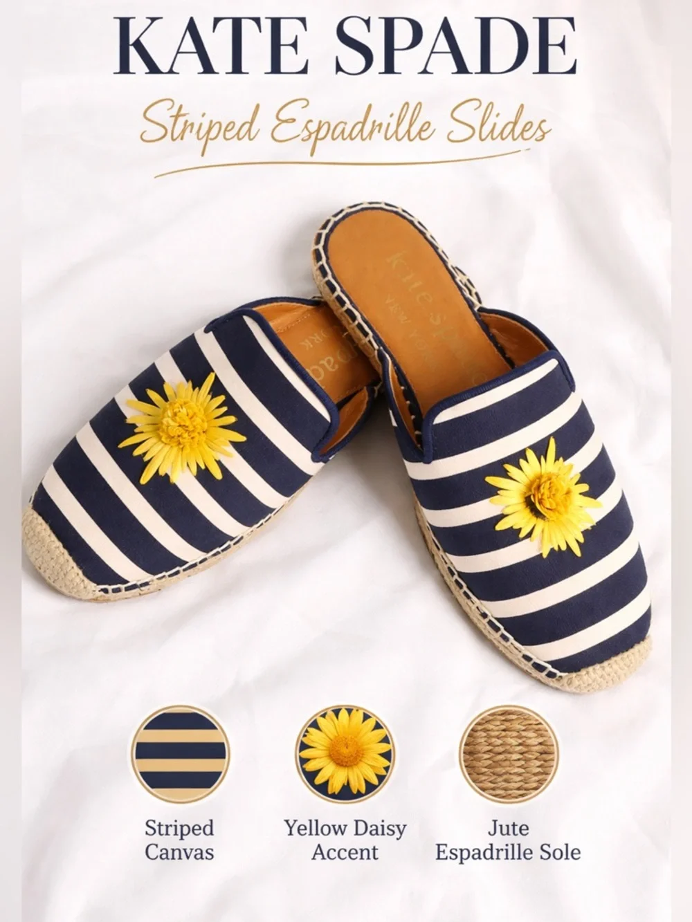 kate spade Navy & White Striped Espadrille Slides with Yellow Daisy - Picture 1 of 3